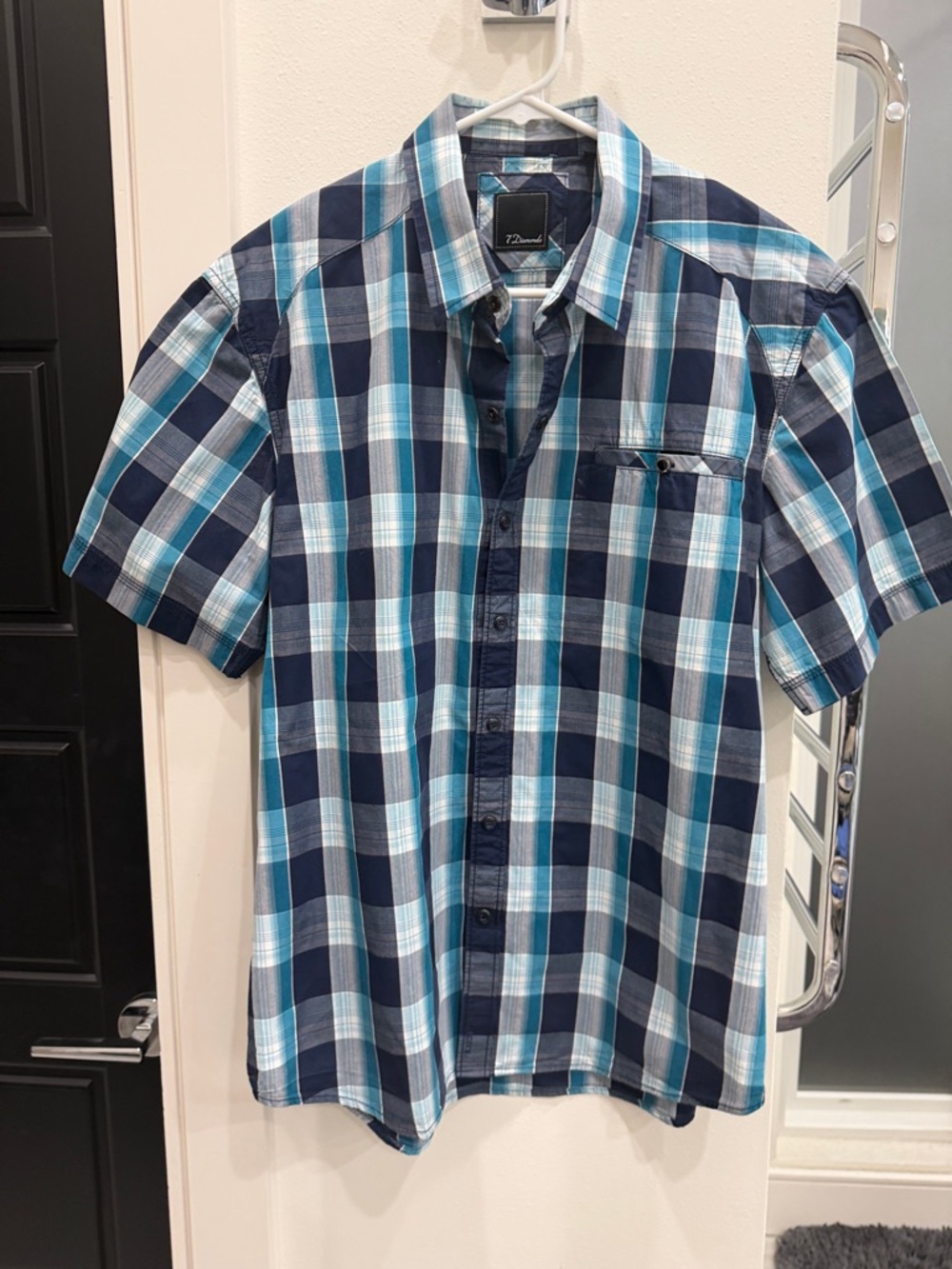7 Diamonds Men's Blue and Teal Plaid Short-Sleeve Button-Down Shirt